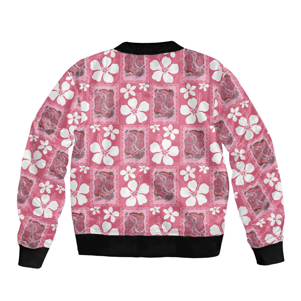 Give Cancer The Boot Pink Cowgirl Sleeve Zip Bomber Jacket Western Aloha Hibiscus Paniolo Heritage Floral