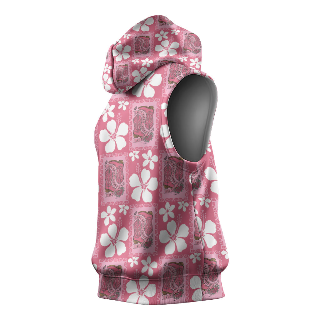 Give Cancer The Boot Pink Cowgirl Sleeveless Hoodie Western Aloha Hibiscus Paniolo Heritage Floral