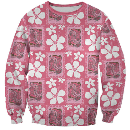 Give Cancer The Boot Pink Cowgirl Sweatshirt Western Aloha Hibiscus Paniolo Heritage Floral