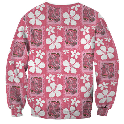 Give Cancer The Boot Pink Cowgirl Sweatshirt Western Aloha Hibiscus Paniolo Heritage Floral