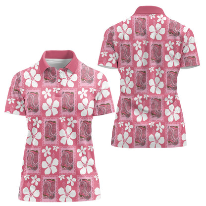 Give Cancer The Boot Pink Cowgirl Women Polo Shirt Western Aloha Hibiscus Paniolo Heritage Floral