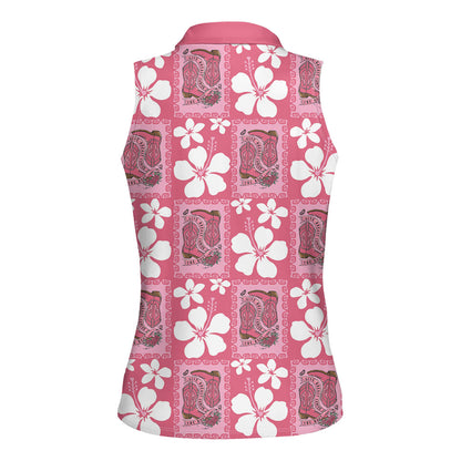 Give Cancer The Boot Pink Cowgirl Women Sleeveless Polo Shirt Western Aloha Hibiscus Paniolo Heritage Floral