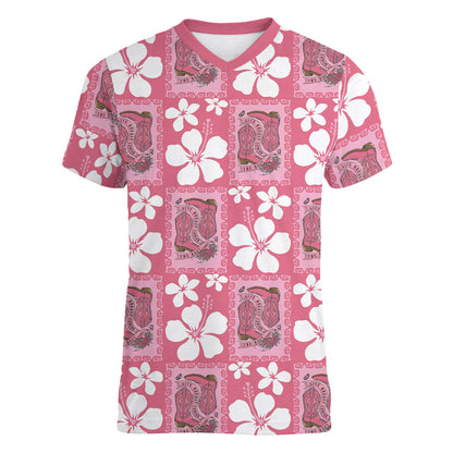Give Cancer The Boot Pink Cowgirl Women V-Neck T-Shirt Western Aloha Hibiscus Paniolo Heritage Floral