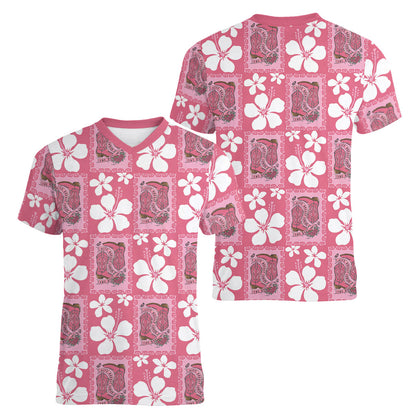 Give Cancer The Boot Pink Cowgirl Women V-Neck T-Shirt Western Aloha Hibiscus Paniolo Heritage Floral
