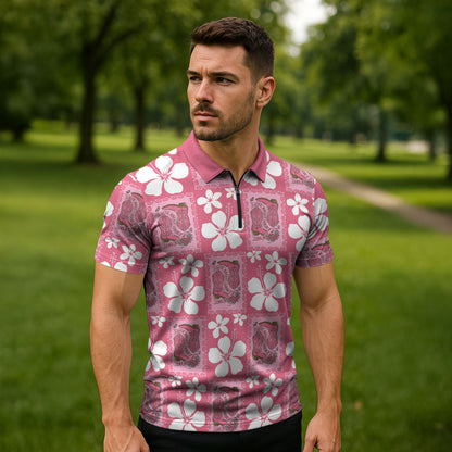 Give Cancer The Boot Pink Cowgirl Zipper Polo Shirt Western Aloha Hibiscus Paniolo Heritage Floral