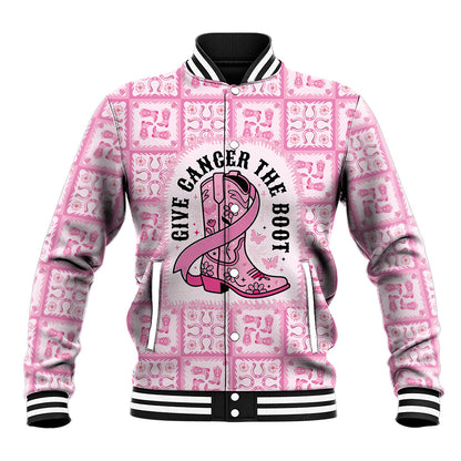 Give Cancer The Boot Pink Cowgirl Baseball Jacket Hawaiian Paniolo Mixed Quilt Pattern Style