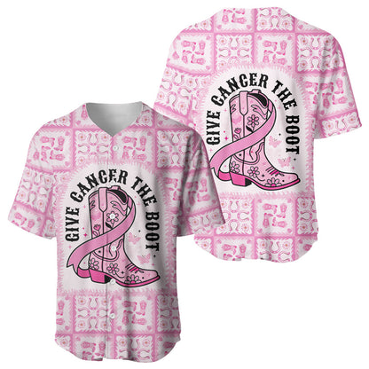 Give Cancer The Boot Pink Cowgirl Baseball Jersey Hawaiian Paniolo Mixed Quilt Pattern Style