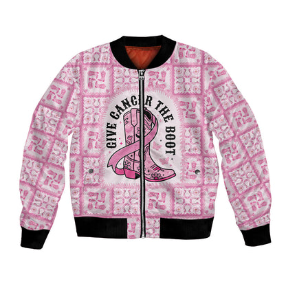 Give Cancer The Boot Pink Cowgirl Bomber Jacket Hawaiian Paniolo Mixed Quilt Pattern Style
