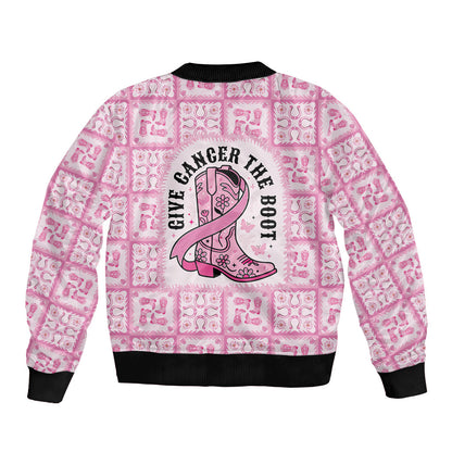 Give Cancer The Boot Pink Cowgirl Bomber Jacket Hawaiian Paniolo Mixed Quilt Pattern Style