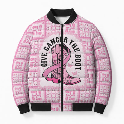 Give Cancer The Boot Pink Cowgirl Bomber Puffer Jacket Hawaiian Paniolo Mixed Quilt Pattern Style