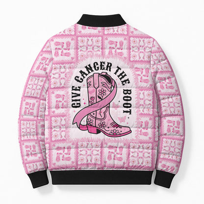 Give Cancer The Boot Pink Cowgirl Bomber Puffer Jacket Hawaiian Paniolo Mixed Quilt Pattern Style