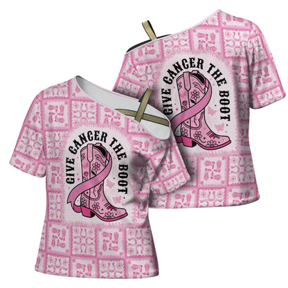 Give Cancer The Boot Pink Cowgirl Cross Shoulder Shirt Hawaiian Paniolo Mixed Quilt Pattern Style