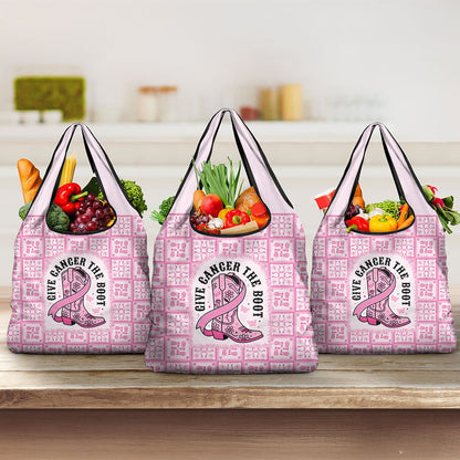 Give Cancer The Boot Pink Cowgirl Grocery Bag Hawaiian Paniolo Mixed Quilt Pattern Style