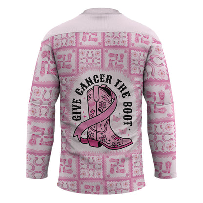 Give Cancer The Boot Pink Cowgirl Hockey Jersey Hawaiian Paniolo Mixed Quilt Pattern Style