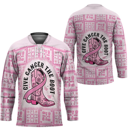 Give Cancer The Boot Pink Cowgirl Hockey Jersey Hawaiian Paniolo Mixed Quilt Pattern Style