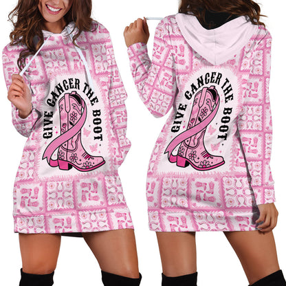 Give Cancer The Boot Pink Cowgirl Hoodie Dress Hawaiian Paniolo Mixed Quilt Pattern Style