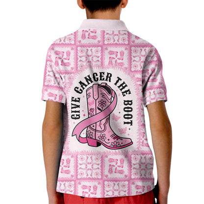 Give Cancer The Boot Pink Cowgirl Kid Polo Shirt Hawaiian Paniolo Mixed Quilt Pattern Style