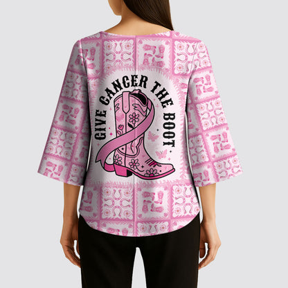 Give Cancer The Boot Pink Cowgirl Kimono Sleeve Blouse Hawaiian Paniolo Mixed Quilt Pattern Style