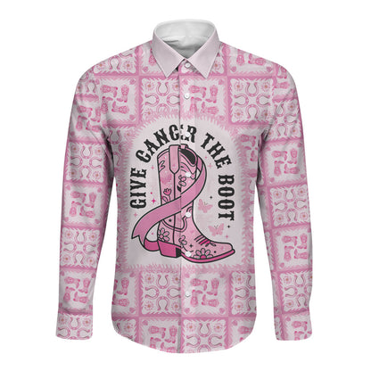Give Cancer The Boot Pink Cowgirl Long Sleeve Button Shirt Hawaiian Paniolo Mixed Quilt Pattern Style