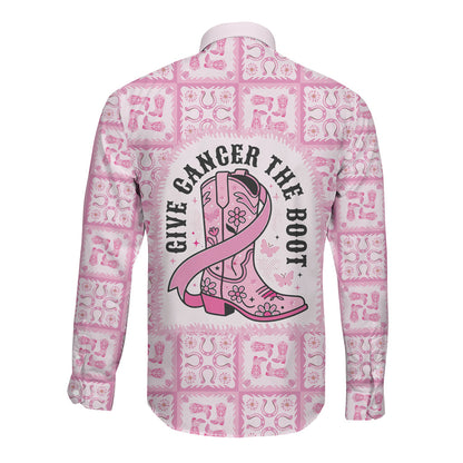 Give Cancer The Boot Pink Cowgirl Long Sleeve Button Shirt Hawaiian Paniolo Mixed Quilt Pattern Style