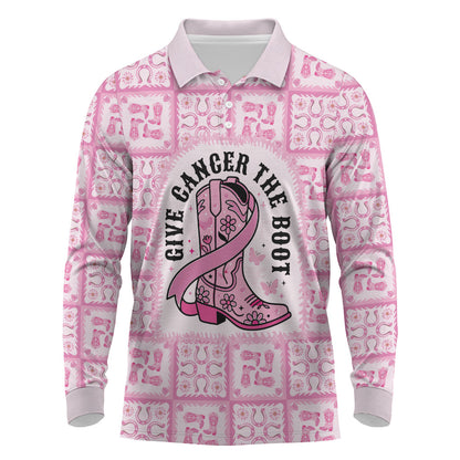 Give Cancer The Boot Pink Cowgirl Long Sleeve Polo Shirt Hawaiian Paniolo Mixed Quilt Pattern Style