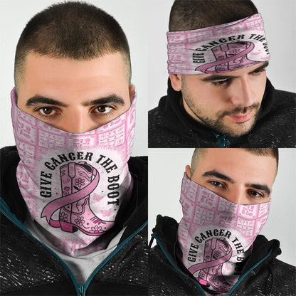 Give Cancer The Boot Pink Cowgirl Neck Gaiter Hawaiian Paniolo Mixed Quilt Pattern Style