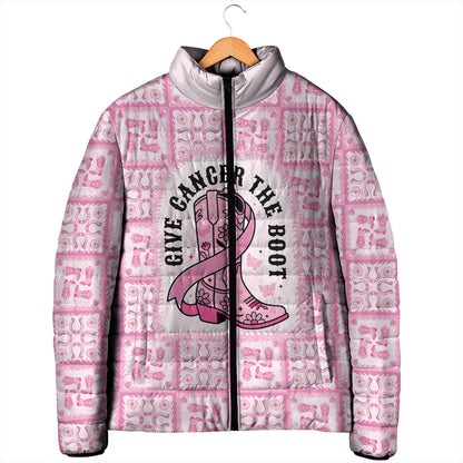Give Cancer The Boot Pink Cowgirl Padded Jacket Hawaiian Paniolo Mixed Quilt Pattern Style