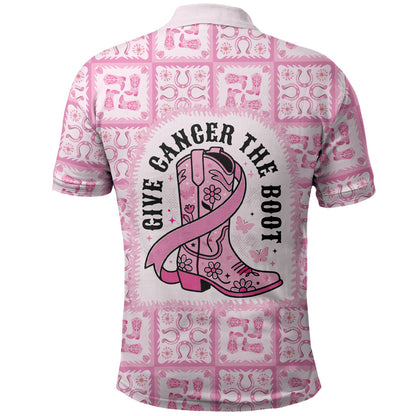 Give Cancer The Boot Pink Cowgirl Polo Shirt Hawaiian Paniolo Mixed Quilt Pattern Style