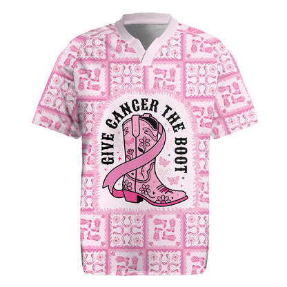 Give Cancer The Boot Pink Cowgirl Rugby Jersey Hawaiian Paniolo Mixed Quilt Pattern Style