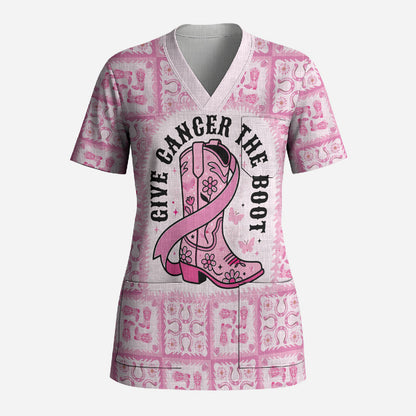 Give Cancer The Boot Pink Cowgirl Scrub Top Hawaiian Paniolo Mixed Quilt Pattern Style