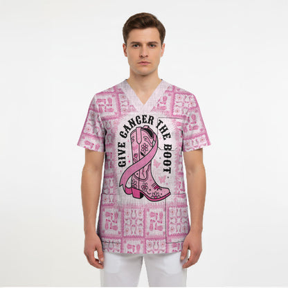Give Cancer The Boot Pink Cowgirl Scrub Top Hawaiian Paniolo Mixed Quilt Pattern Style