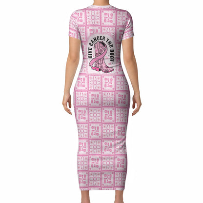 Give Cancer The Boot Pink Cowgirl Short Sleeve Bodycon Dress Hawaiian Paniolo Mixed Quilt Pattern Style