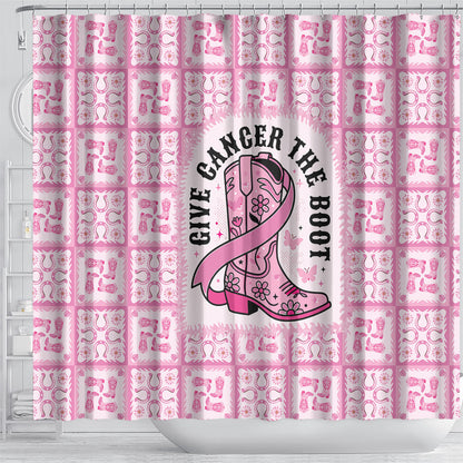Give Cancer The Boot Pink Cowgirl Shower Curtain Hawaiian Paniolo Mixed Quilt Pattern Style