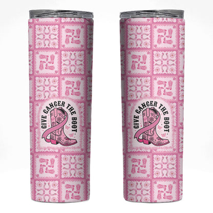 Give Cancer The Boot Pink Cowgirl Skinny Tumbler Hawaiian Paniolo Mixed Quilt Pattern Style