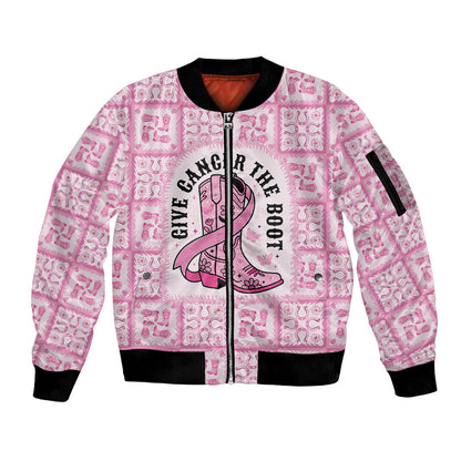 Give Cancer The Boot Pink Cowgirl Sleeve Zip Bomber Jacket Hawaiian Paniolo Mixed Quilt Pattern Style