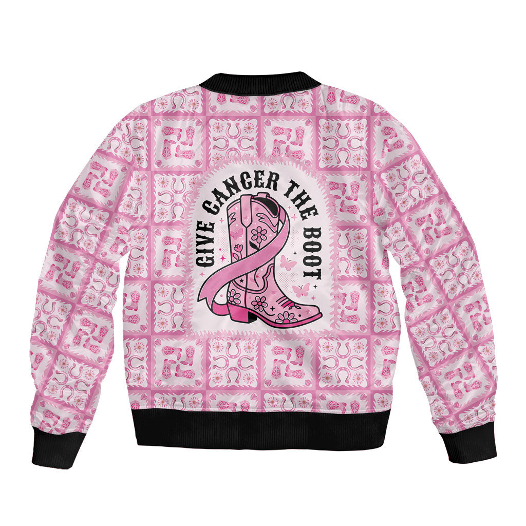 Give Cancer The Boot Pink Cowgirl Sleeve Zip Bomber Jacket Hawaiian Paniolo Mixed Quilt Pattern Style