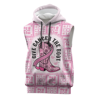 Give Cancer The Boot Pink Cowgirl Sleeveless Hoodie Hawaiian Paniolo Mixed Quilt Pattern Style
