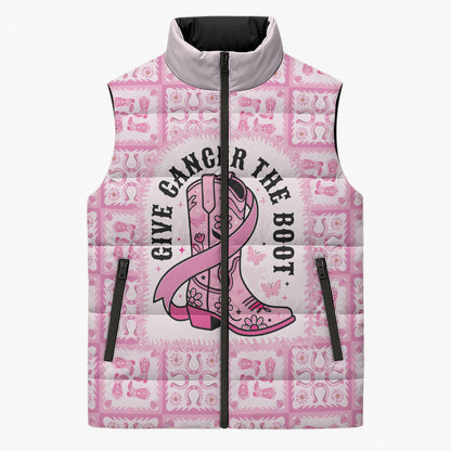 Give Cancer The Boot Pink Cowgirl Sleeveless Puffer Jacket Hawaiian Paniolo Mixed Quilt Pattern Style
