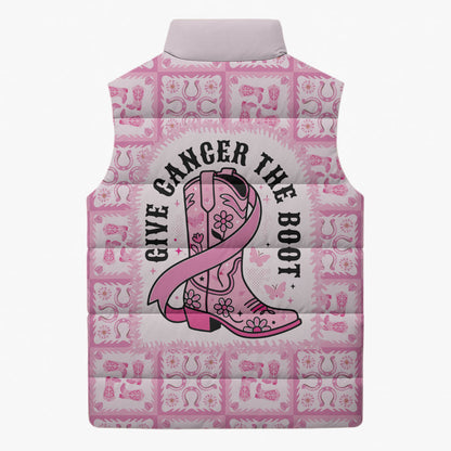 Give Cancer The Boot Pink Cowgirl Sleeveless Puffer Jacket Hawaiian Paniolo Mixed Quilt Pattern Style