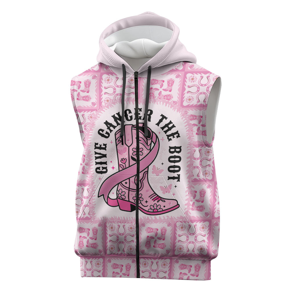 Give Cancer The Boot Pink Cowgirl Sleeveless Zip Hoodie Hawaiian Paniolo Mixed Quilt Pattern Style