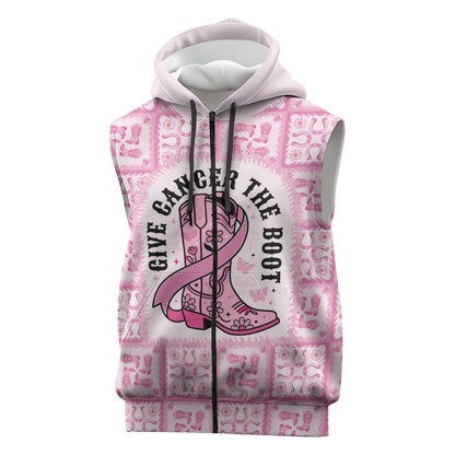 Give Cancer The Boot Pink Cowgirl Sleeveless Zip Hoodie Hawaiian Paniolo Mixed Quilt Pattern Style