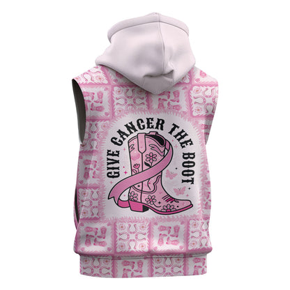 Give Cancer The Boot Pink Cowgirl Sleeveless Zip Hoodie Hawaiian Paniolo Mixed Quilt Pattern Style