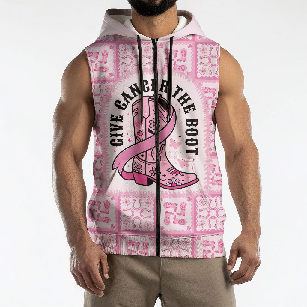 Give Cancer The Boot Pink Cowgirl Sleeveless Zip Hoodie Hawaiian Paniolo Mixed Quilt Pattern Style