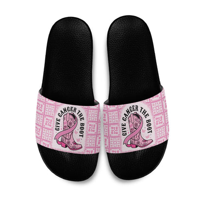 Give Cancer The Boot Pink Cowgirl Slide Sandals Hawaiian Paniolo Mixed Quilt Pattern Style