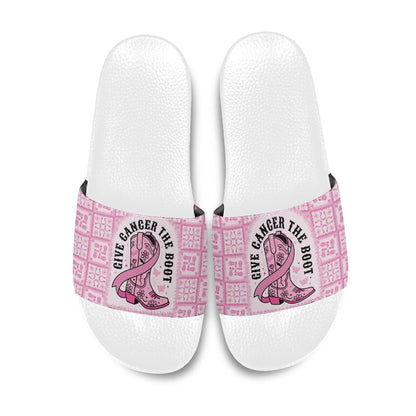 Give Cancer The Boot Pink Cowgirl Slide Sandals Hawaiian Paniolo Mixed Quilt Pattern Style