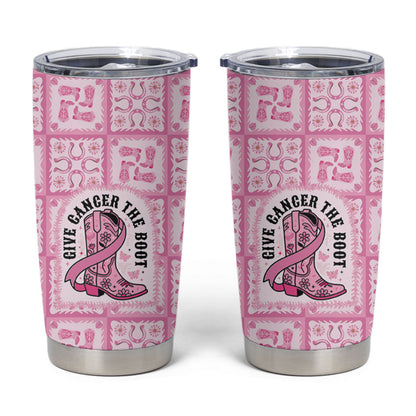 Give Cancer The Boot Pink Cowgirl Tumbler Cup Hawaiian Paniolo Mixed Quilt Pattern Style