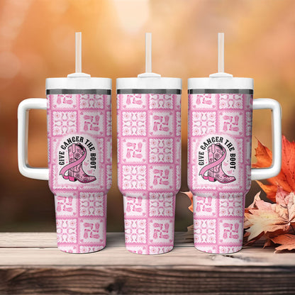 Give Cancer The Boot Pink Cowgirl Tumbler With Handle Hawaiian Paniolo Mixed Quilt Pattern Style