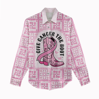 Give Cancer The Boot Pink Cowgirl Women Casual Shirt Hawaiian Paniolo Mixed Quilt Pattern Style