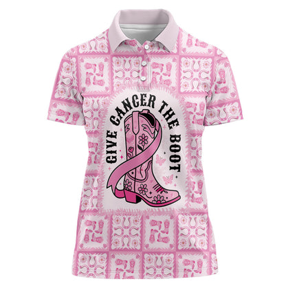 Give Cancer The Boot Pink Cowgirl Women Polo Shirt Hawaiian Paniolo Mixed Quilt Pattern Style