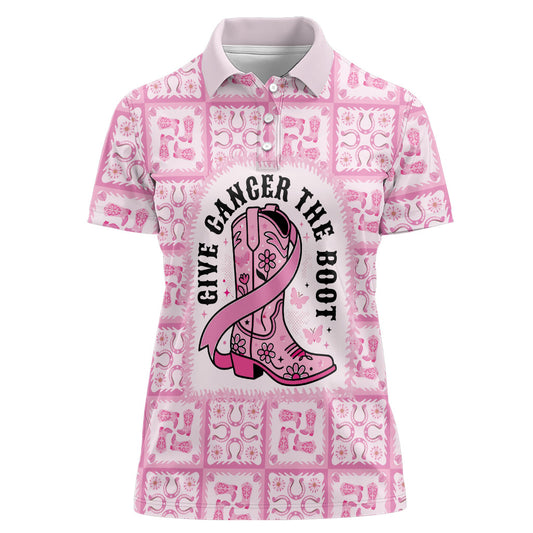 Give Cancer The Boot Pink Cowgirl Women Polo Shirt Hawaiian Paniolo Mixed Quilt Pattern Style